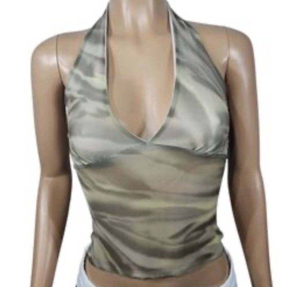 NWT Chic 2000s Fashion Sz L Soft Mesh Halter Top Blouse Women Green Festival Y2K